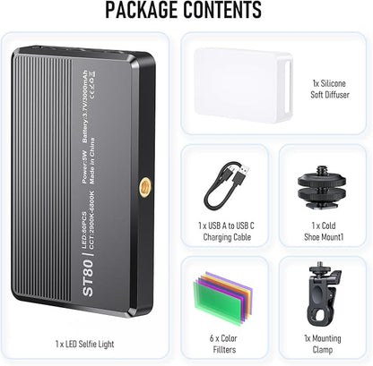 80 LED Video Light, Portable USB Photo Light Dimmable 2500-9000K CRI 95+ 3000mAh Battery with Colored Filters and Clip, Photo Lamp for Phone/iPad/Laptop/Camera