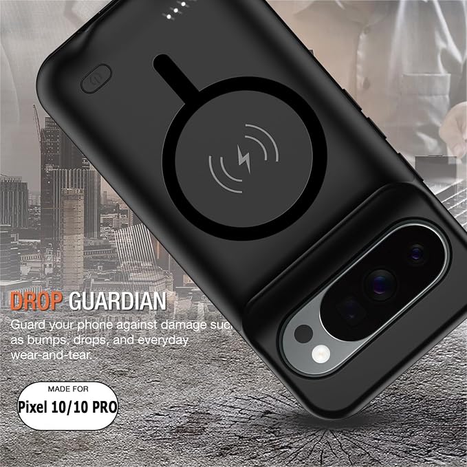 Battery Case for Google Pixel 10/10 Pro,10000mAh Rechargeable Portable Charging Case with Wireless Charging Compatible for Google Pixel 10/10 Pro (6.3 inch) Extend Battery Pack Charger Case (Black)