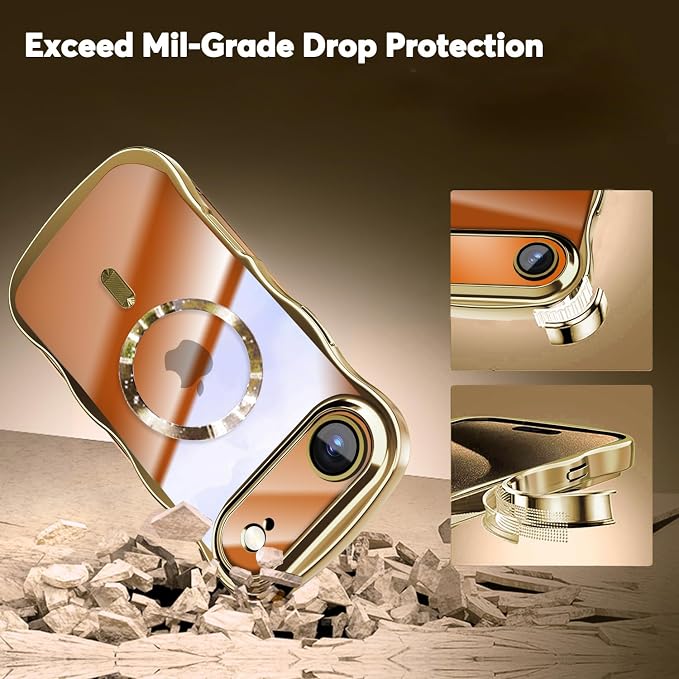 Misscase for iPhone Air Case with Privacy Screen Protector,Compatible with MagSafe,Cute Wave Frame Anti-Scratch Case with Camera Lens Protector Plating Bling Case for iPhone 17 Air Gold
