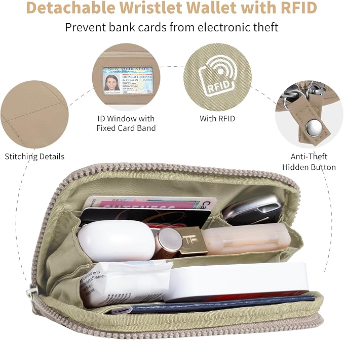 Tiostep Clip and Go Strap for Phone with Wallet Crossbody Phone Lanyard with Anti-Theft Zipper Pouch Detachable Quilted Wrist Wallet with RFID and ID Window for Daily Travel. Khaki