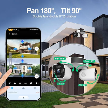 Dual Lens Outdoor Cameras 2.5K/5MP House Cameras Wired Plug-in | Wireless WiFi Camera with Audio and Video,PTZ,Auto Tracking,7/24 Recording,Color Night Vision,Cloud & SD Card Storage.