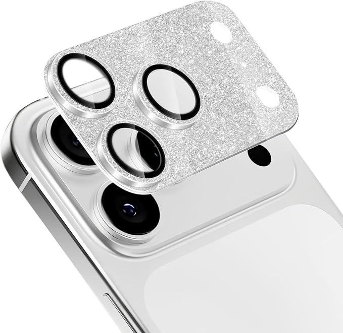Camera Lens Protector for iPhone 17 Pro, Bling Glitter Camera Cover with 9H Tempered Glass Metal Ring, Anti-Scratch Lens Protector for iPhone 17 Pro (Glitter - Silver)