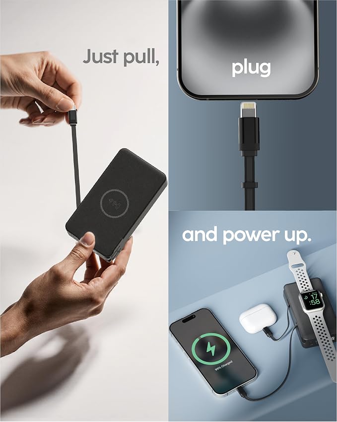 myCharge RetractaCharger 10000mAh Portable Charger Power Bank with 28-Inch Retractable USB-C & Lightning Cables | Qi Wireless Charging | Built-in Wall Plug | Premium Fabric | Digital Display