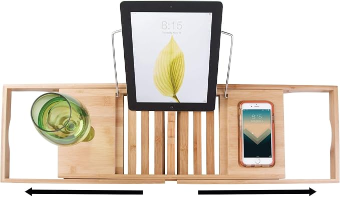 InterDesign Formbu Bathtub Caddy with Reading Tray, Wine, Tablet and Phone Holder - Natural