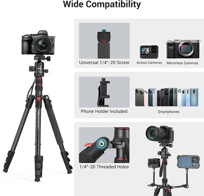 SmallRig Camera Tripod, 71" Foldable Aluminum Tripod/Monopod, 360°Ball Head Detachable, Payload 33lb, Adjustable Height from 16" to 71" for Camera, Phone