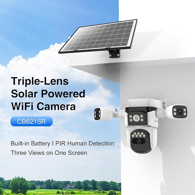 EVERSECU Solar Wireless Triple Lens WiFi PTZ Security Camera, Three Cameras in One, Side Cameras with Adjustable All-Angle Arm, 2K 360° View No Blind Spot, Auto Tracking, Spotlight, 2 Way Audio