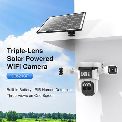 EVERSECU Solar Wireless Triple Lens WiFi PTZ Security Camera, Three Cameras in One, Side Cameras with Adjustable All-Angle Arm, 2K 360° View No Blind Spot, Auto Tracking, Spotlight, 2 Way Audio
