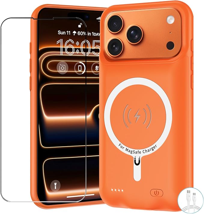 Battery Case for iPhone 17 Pro, 10000mAh Pack Rechargeable Charger Case Support Carplay with Wireless Charging Compatible for iPhone 17 Pro (6.3 inch) External Battery Charging Cover (Orange)