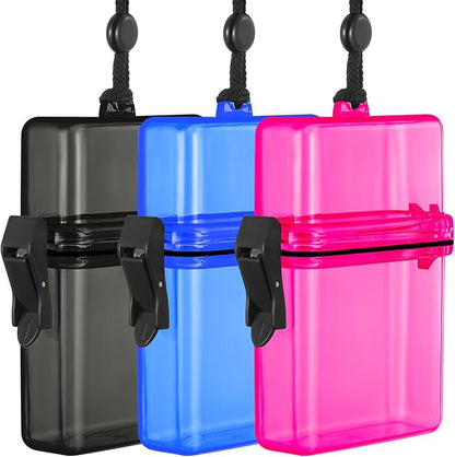 Outus 3 Pcs Waterproof ID Badge Holder Case with Waterproof Buckle Floating Sports Case Locker with Adjustable Hanging Rope Plastic Card Dry Box(Rose, Blue, Black,4.72 x 2.95 x 1.57 in,Classic)