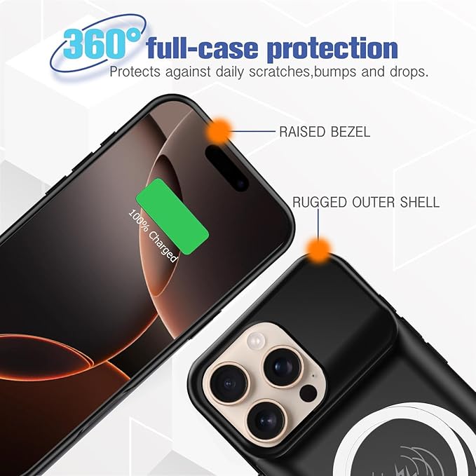 Battery Case for iPhone 16 Pro Max, 12000mAh Capacity Portable Charger Case Rechargeable Smart Battery Pack Compatible with iPhone 16 Pro Max 6.9 inch Charging Cover Support Wireless Charging-Black