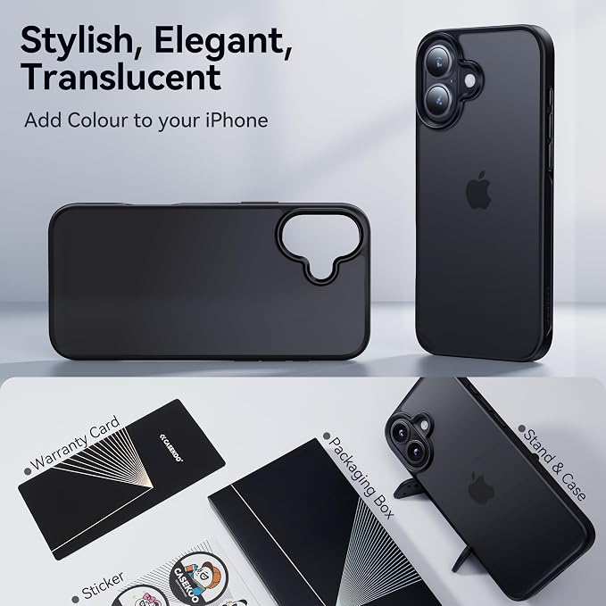 CASEKOO for iPhone 16 Case, [Never Yellow Technology] [Mil-Grade Drop Protection] Translucent Slim Cover Women Men for iPhone 16 Case Phone Case 6.1 inch, Frosted Black