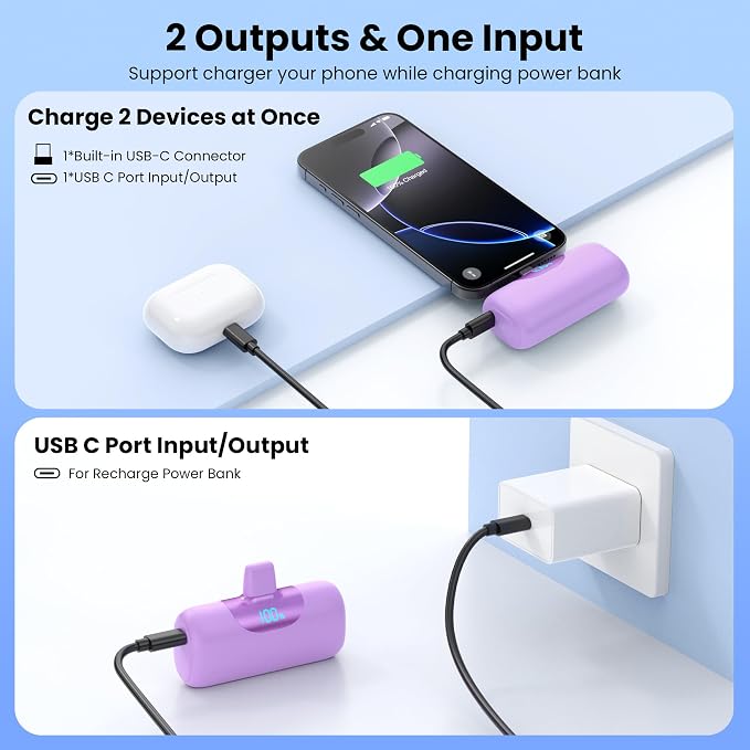 [2-Pack]Mini Portable Charger for iPhone 17/16,5500mAh LCD Display USB C Power Bank,Fast Phone Charging Travel Pocket Size Battery Pack for iPhone 17/17 Pro Max/Air/16/15 Series,Android(Pink+Purple)