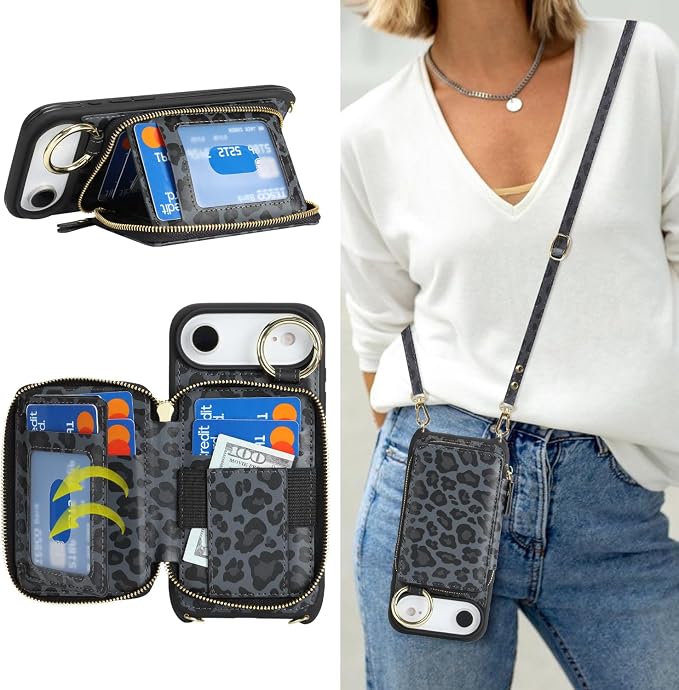 Crossbody Wallet Case for iPhone Air, PU Leather Zipper Handbag Purse Flip Cover, Kickstand Folio Case with Card Slots Holder Wrist Strap Lanyard 5G 6.5 Inch-Black Leopard