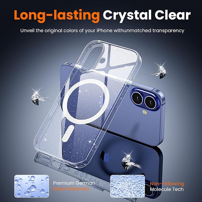 3 in 1 for iPhone 16 Plus Case Clear Glitter | with MagSafe,Screen Protector *1 & Camera Lens Protector*1, Military-Grade Protection