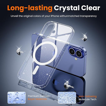3 in 1 for iPhone 16 Plus Case Clear Glitter | with MagSafe,Screen Protector *1 & Camera Lens Protector*1, Military-Grade Protection