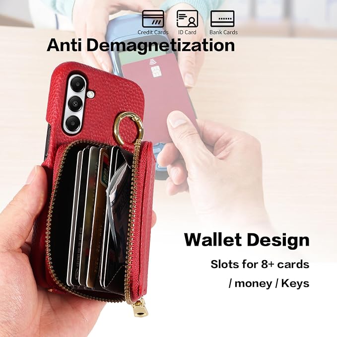 Wallet Case for Samsung Galaxy A34 5G with Shoulder Strap Ring Buckle, Luxury PU Leather Zipper Flip Organ Purse Credit Card Holder Stand Full Body Cell Phone Cover for A 34 34A Women Men Red