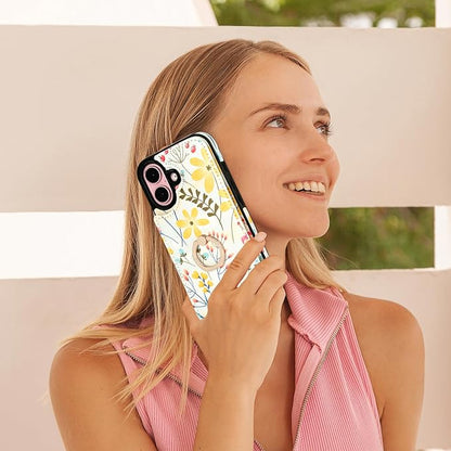 HAOPINSH for iPhone 16 Wallet Case with Card Holder, 360°Rotation Ring Kickstand, Floral Flower Pattern, RFID Blocking Leather for Girls Women, Double Buttons Protective Cover 6.1"