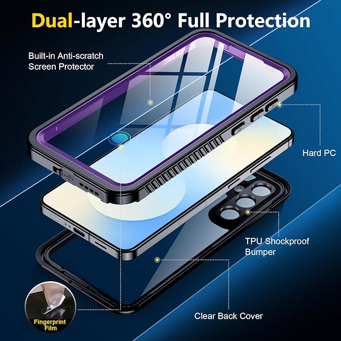 SPIDERCASE Designed for Samsung Galaxy S25 FE Case Waterproof,Built-in Screen & Camera Lens Protector[IP68 Underwater][Military Grade Shockproof] Full Body Protection Phone Case,Purple/Clear
