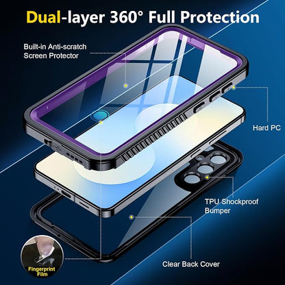 SPIDERCASE Designed for Samsung Galaxy S25 FE Case Waterproof,Built-in Screen & Camera Lens Protector[IP68 Underwater][Military Grade Shockproof] Full Body Protection Phone Case,Purple/Clear