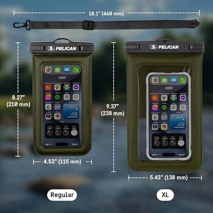 Pelican Marine - IP68 Waterproof Phone Pouch (Regular Size) Floating Waterproof Phone Case - Beach Cruise Ship Travel Essentials - Works with All Phones - Detachable Lanyard - Olive Green