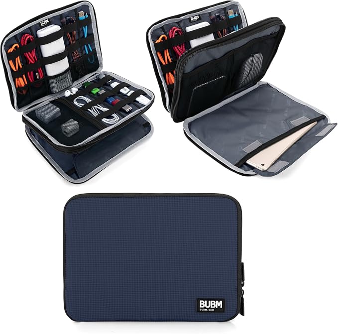 BUBM Double Layer Electronics Organizer, Travel Gadget Bag for Cables, Memory Cards, Flash Hard Drive and More, Fit for iPad or Tablet(up To 9.7")--Large, Dark Blue | Travel Gadget Bag For Cables, Memory Cards, Flash Hard Drive and More, Fit For iPad o...