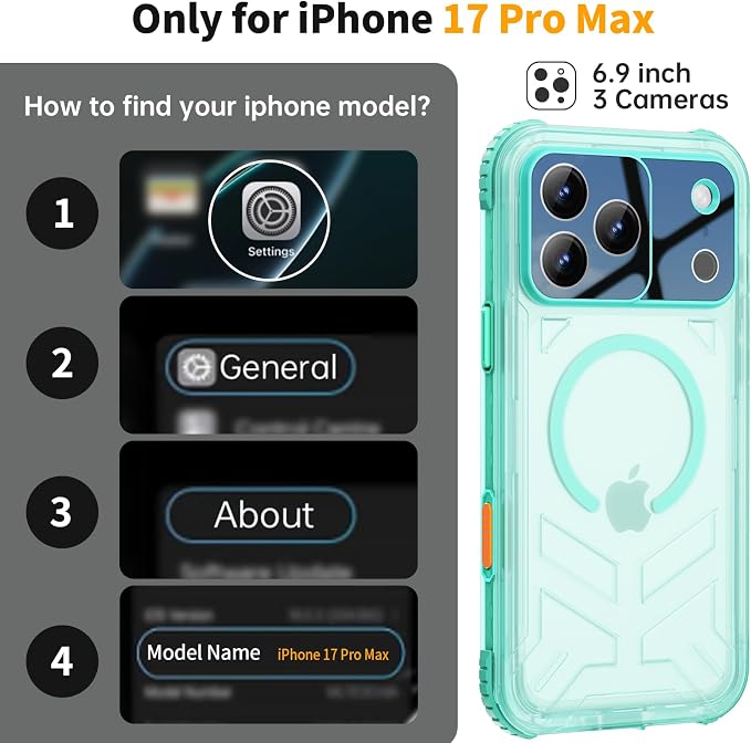 for iPhone 17 Pro Max Waterproof Case, Fit for Magsafe, IP68 Full Body Shockproof Dustproof, Built-in Camera Control and Screen Protector, 15FT Heavy Duty Military, 6.3" Cyan