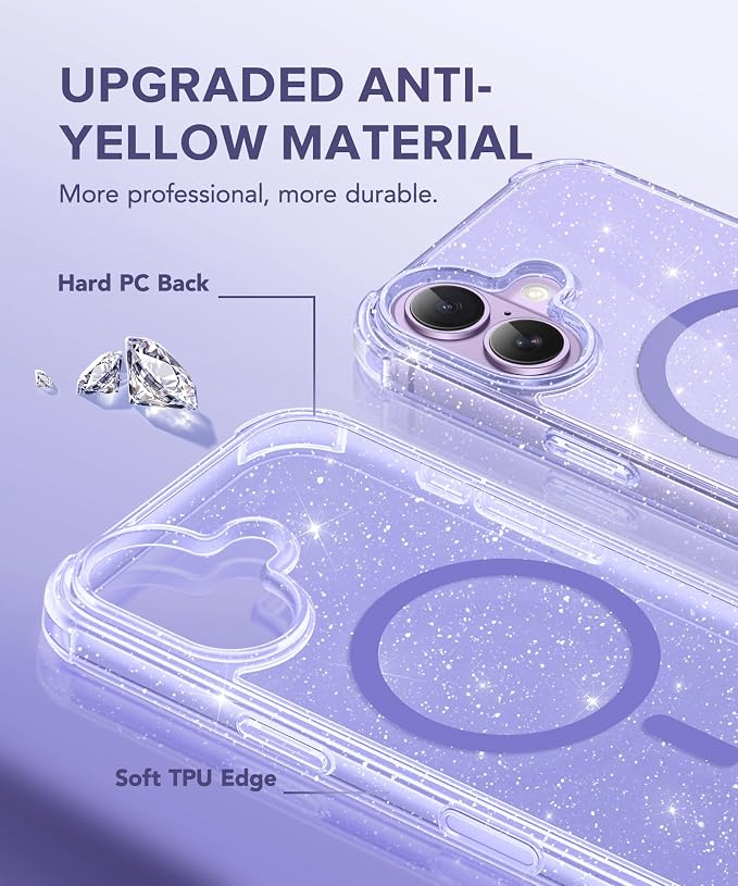 BERFY for iPhone 17 Case for Women, Clear Glitter Shockproof Protective Case, Anti-Yellowing, with Screen Protector & Camera Lens Protector 6.3", Magnetic Sparkle Purple