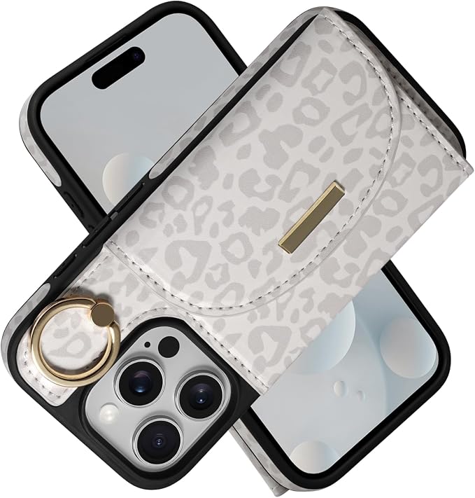 Keallce Wallet Case for iPhone 16 Pro Max 6.9'', Flip Case with Card Slots, Ring Holder Kickstand, PU Leather Protective Folio Cover for Women, Leopard