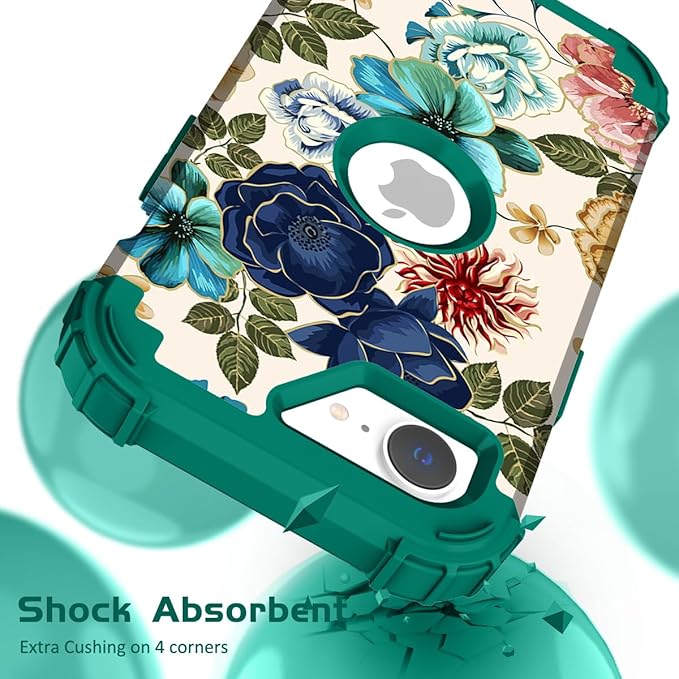 Hocase for iPhone 17e/iPhone 16e Case, Heavy Duty Shockproof Protection Hard Plastic+Silicone Rubber Hybrid Protective Phone Case for iPhone 17e/16e 6.1" - Teal Flowers