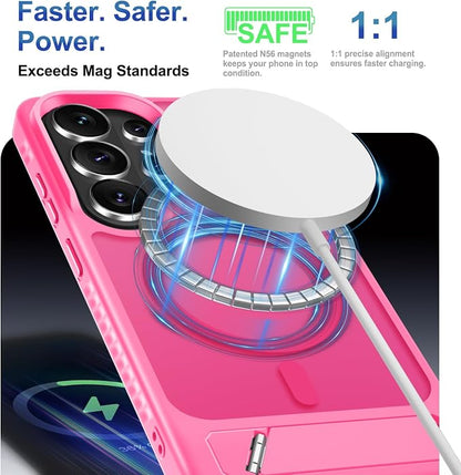 RMOCR for Samsung Galaxy S26 Ultra Case with Screen Protector+Lanyard Wrist Strap,Magnetic Translucent Matte Rugged Slim Phone Cover Built in Invisible Kickstand [Fit for MagSafe],2026 Hot Pink