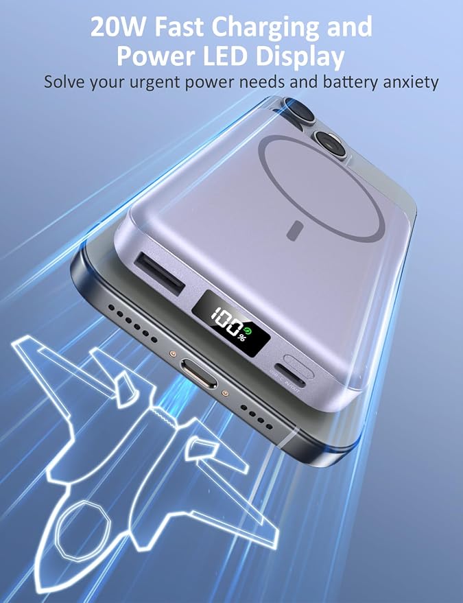 Magnetic Portable Charger, 10000mAh Power Bank, 5 in 1 Portable Charger with Built in Cable, 20W Fast Charging for Magsafe Battery Pack Compatible with iPhone 17/16/15/14/13/12 Pro/Pro Max-Lavender