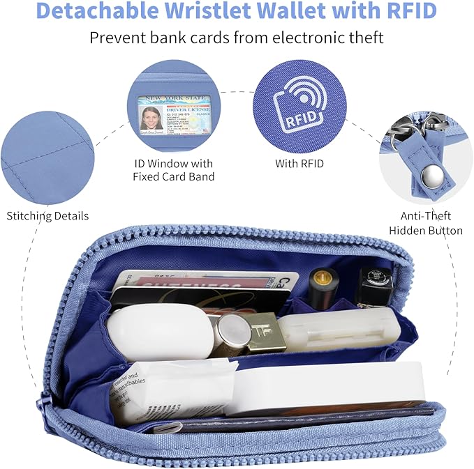 Tiostep Clip and Go Strap for Phone with Wallet Crossbody Phone Lanyard with Anti-Theft Zipper Pouch Detachable Quilted Wrist Wallet with RFID and ID Window for Daily Travel. Blue