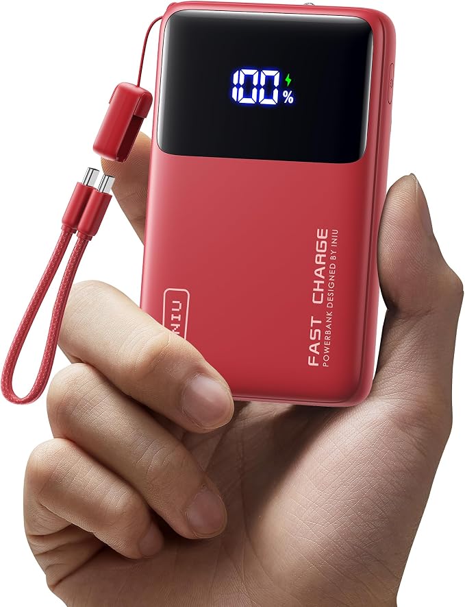 INIU Ultra Compact Power Bank, 10000mAh 45W Fast Charging Portable Charger with Detachable USB-C Cable & Stand, Flight-Safe Travel Battery Pack for iPhone, Samsung, Xiaomi, iPad, for Girls, Red