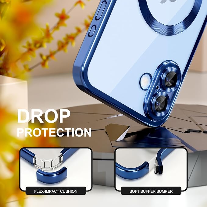 Misea Magnetic for iPhone 17 Case Compatible with MagSafe [Never Yellowing] [Military Grade Drop Protection] Full Camera Lens Protector Plating Soft Clear Phone Case for Women, Deep Blue