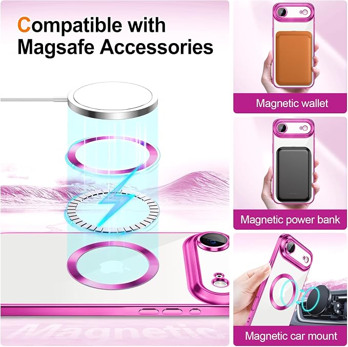 Hython for iPhone Air Case Glitter Clear Magnetic Phone Cases [Compatible with MagSafe] Full Camera Lens Protector Sparkle Luxury Plating Slim Shockproof Protective Cover, Gradient Hot Pink