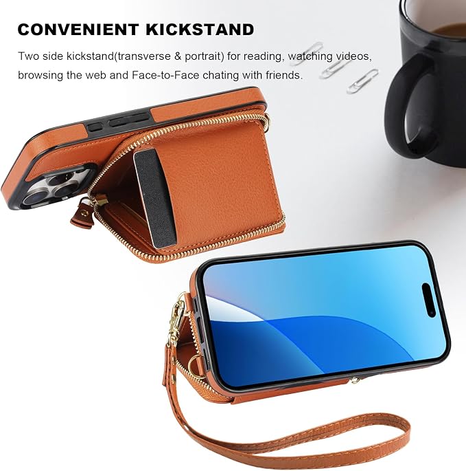 Bocasal RFID Blocking Wallet Case for iPhone 16 Pro, Adjustable Crossbody Zipper Purse Case Card Holder with Kickstand Detachable Wrist Strap, PU Leather Flip Folio Case 6.3 Inch 5G (Brown)