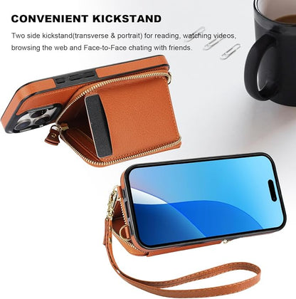 Bocasal RFID Blocking Wallet Case for iPhone 16 Pro, Adjustable Crossbody Zipper Purse Case Card Holder with Kickstand Detachable Wrist Strap, PU Leather Flip Folio Case 6.3 Inch 5G (Brown)
