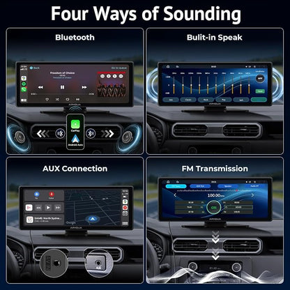 10.26 Inch Wireless Apple CarPlay & Android Auto Screen with Backup Camera,Portable Touch Display with Bluetooth FM AUX USB,Voice Control Multimedia Stereo for 99% Car Truck SUV