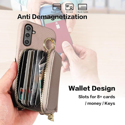 Wallet Case for Samsung Galaxy A54 5G with Shoulder Strap Ring Buckle, Luxury PU Leather Zipper Flip Organ Purse, Card Holder Stand Full Body Phone Cover for A545G A 54 54A 4G G5 SM A546U Khaki