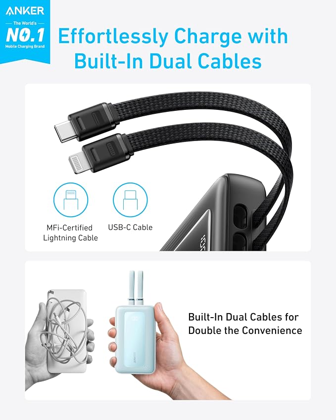 Anker Power Bank, 20,000mAh 30W Max Fast Portable Charger with Built-in USB-C and MFi Certified Lightning Cables, USB-C&A, Battery Pack for iPhone 17/16/15/14 Series, MacBook, Galaxy