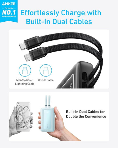 Anker Power Bank, 20,000mAh 30W Max Fast Portable Charger with Built-in USB-C and MFi Certified Lightning Cables, USB-C&A, Battery Pack for iPhone 17/16/15/14 Series, MacBook, Galaxy