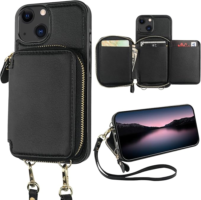 Bocasal RFID Blocking Wallet Case for iPhone 14 iPhone 13, Adjustable Crossbody Zipper Purse Case Card Holder with Kickstand Detachable Wrist Strap, PU Leather Flip Folio Case 6.1 Inch 5G (Black)