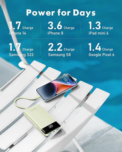 charmast Portable Charger with Reinforced Built-in 4 Cables,10000mAh Power Bank Travel Essentials 6 Outputs 3 Inputs 3A Fast Charging Compatible with iPhone iPad Samsung Google Pixel LG Moto etc.