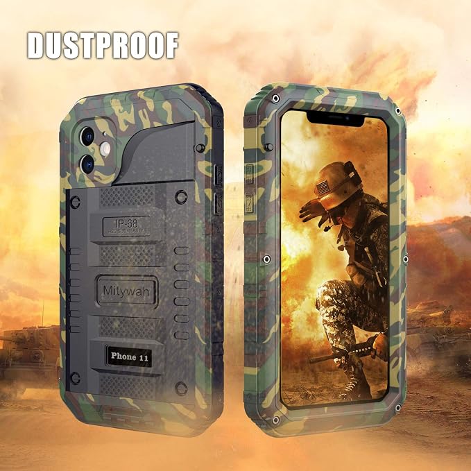 Mitywah Waterproof Case Compatible for iPhone 11, Heavy Duty Military Grade Defender Cover Built-in Screen Protection, Shockproof Metal Strong Dustproof Case for iPhone 11, Camouflage