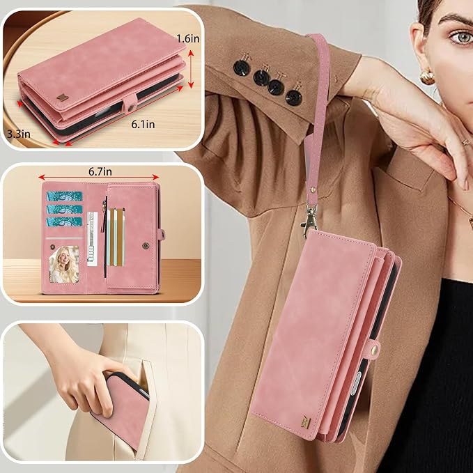 for Wallet Case Compatible with iPhone 16,Multi-Function Detachable 2 in 1 Magnetic iPhone 16 Case Wallet,Flip Strap Zipper Card Holder Phone Case with Shoulder Straps (Pink)