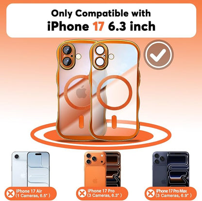 Misscase for iPhone 17 Case with Privacy Screen Protector,Compatible with MagSafe,Cute Wave Frame Anti-Scratch Case with Camera Lens Protector Plating Bling Case for iPhone 17 6.3" Women Orange