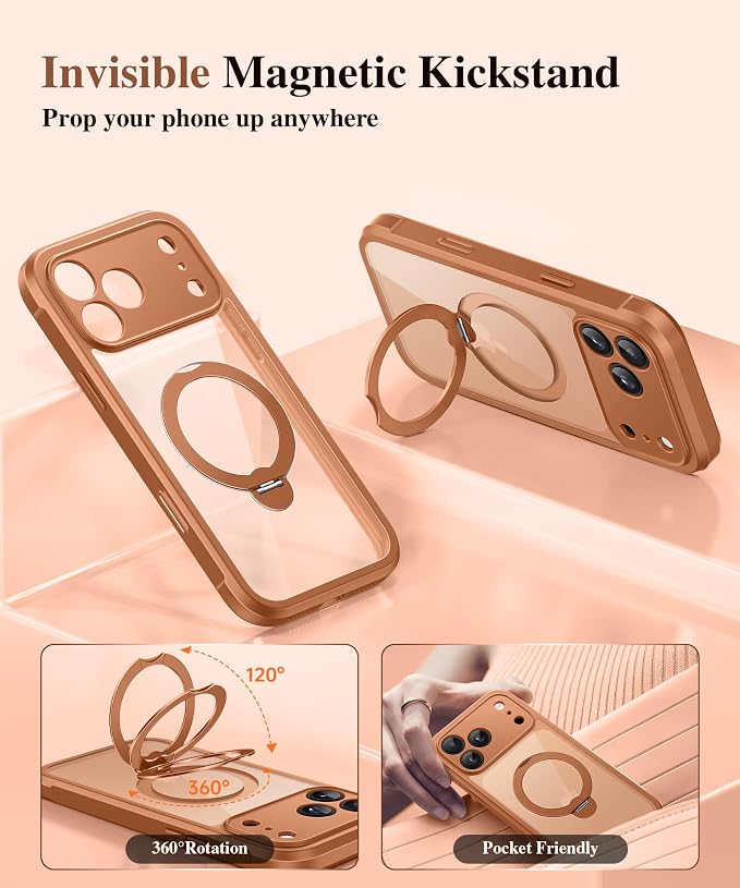BERFY for iPhone 17 Pro Max Case, Compatible with MagSafe, Built in Privacy Screen Protector, Shockproof Full Body Phone Case for 17 Pro Max with Magnetic Stand, Clear Orange