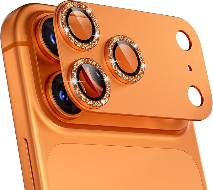 beuxece Compatible for iPhone 17 Pro Camera Lens Protector, Matte Metal Tempered Glass Rear Camera Screen Cover Accessories [Military Grade Shatterproof] [Strong Adsorption] - Glitter Orange