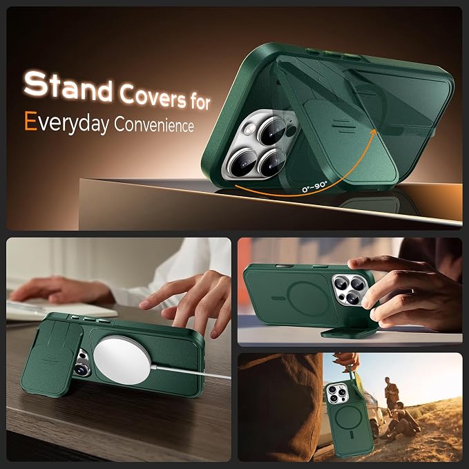 TOCOL for iPhone 16 Pro Max Case with Slide Camera Cover, Kickstand and Camera Control Button, Fit for MagSafe, Rugged Solid Phone Case, Non-Slip, Drop Protection, Alpine Green
