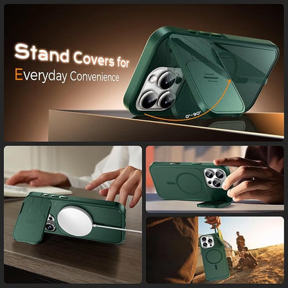 TOCOL for iPhone 16 Pro Case with Slide Camera Cover, Kickstand and Camera Control Button, Fit for MagSafe, Rugged Solid Phone Case, Non-Slip, Drop Protection, Alpine Green